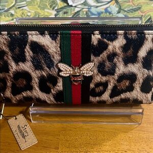 Leopard Print  fun Wallet with Bee Accent and Red-Green Stripe